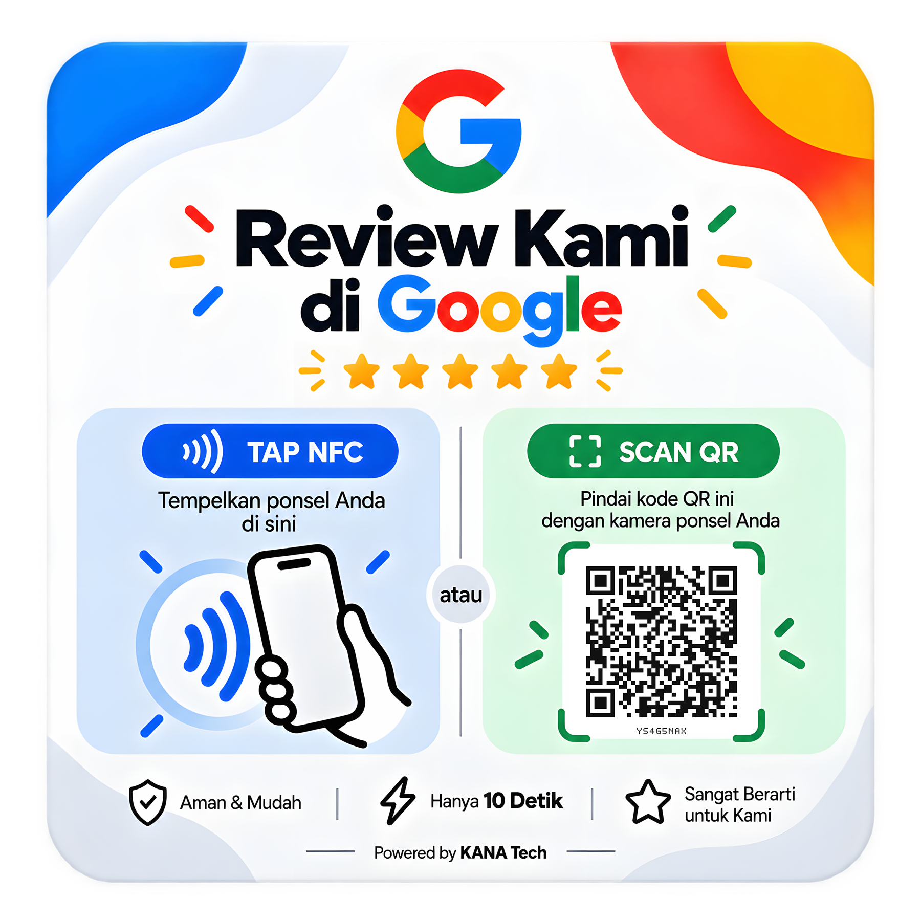Desain kartu Google Review NFC dan QR dari KANA Tech